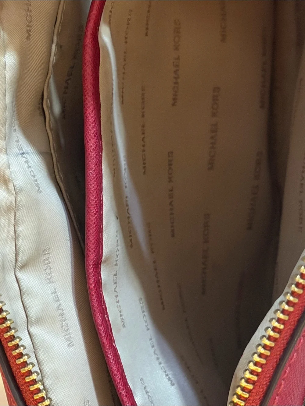 Michael Kors Large EW Saffiano Leather Crossbody Bag Cherry Red Gold Chain